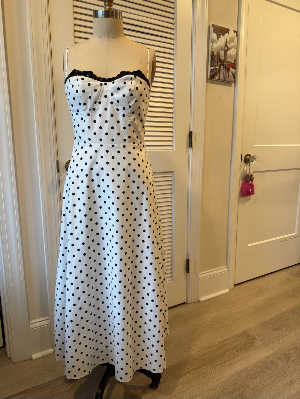 Commense White Maxi Dress with Black Polka Dots and Black Lace Trim